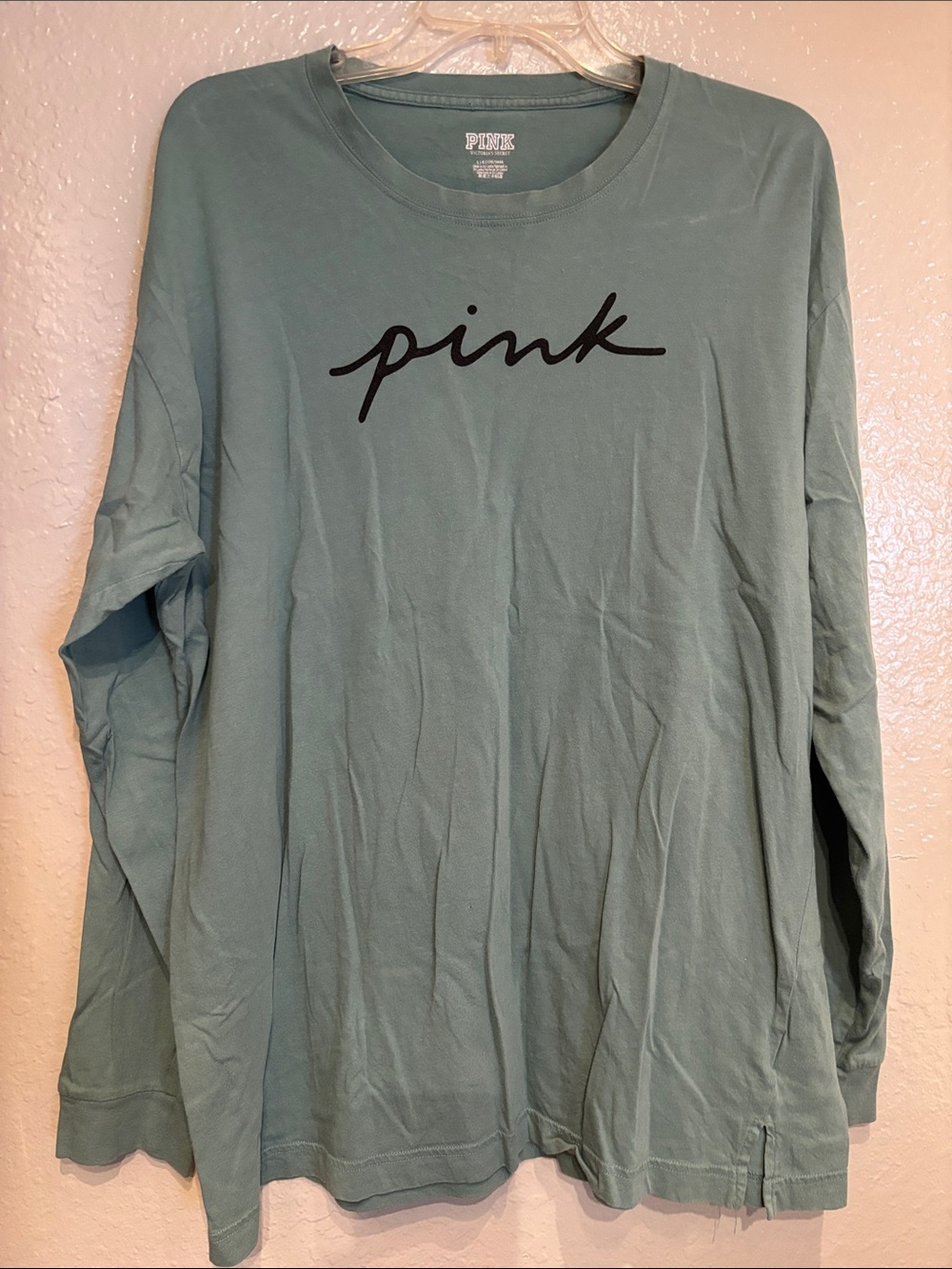PINK Victoria's Secret Sage Green Cotton Long Sleeve Tee Casual Preppy Sz L Top